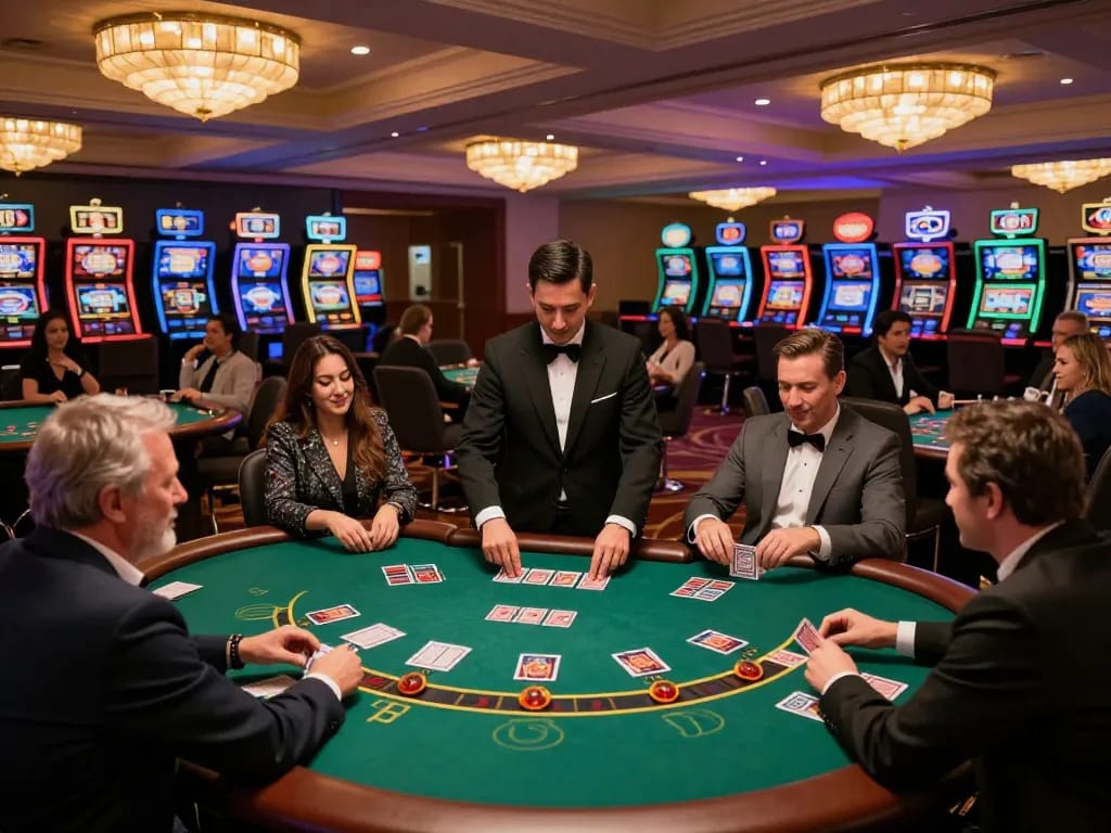 KJC players engaged in intense blackjack gameplay amidst a luxurious casino ambiance.