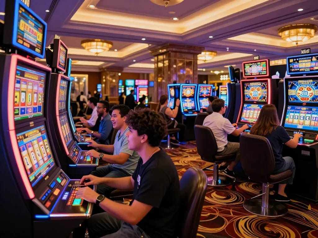 Players celebrating wins on vibrant slot pulsa machines in an upscale casino, exciting atmosphere.