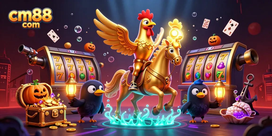 Join the excitement at cm88 com with a golden rooster and companions enjoying casino fun.