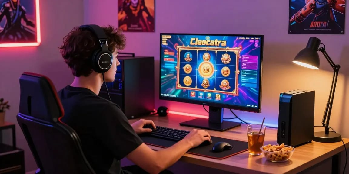 Engaged gamer playing Cleocatra jogar online with a colorful screen and gaming setup.