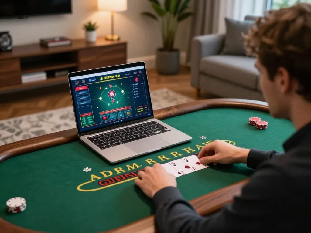 Engaged player experiencing kwin live dealer blackjack in a cozy home setup.