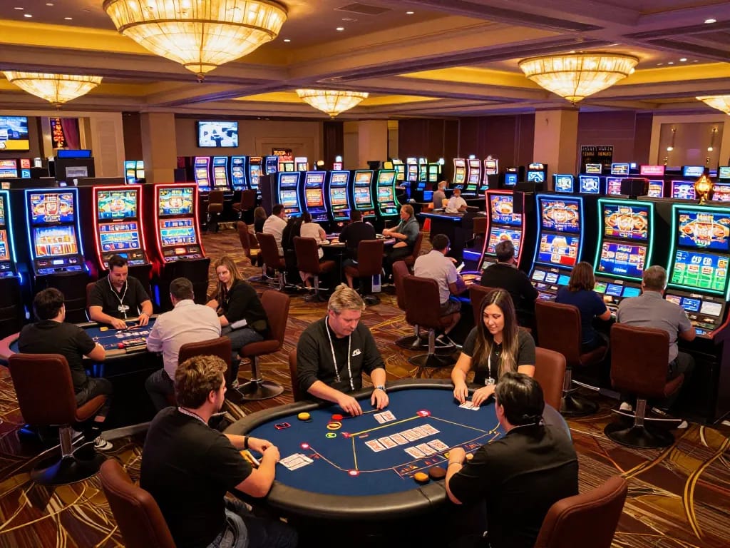 Players strategizing and betting at 58wiin casino floor, vibrant atmosphere with engaged participants.