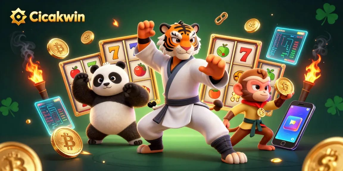 Cicakwin enhances gameplay with a thrilling 3D casino illustration featuring kung fu characters in action.