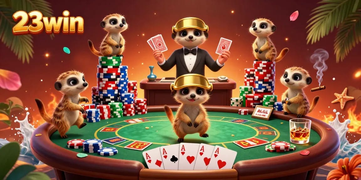 Experience the dynamic casino action at 23win with meerkats gambling and competing for poker chips.