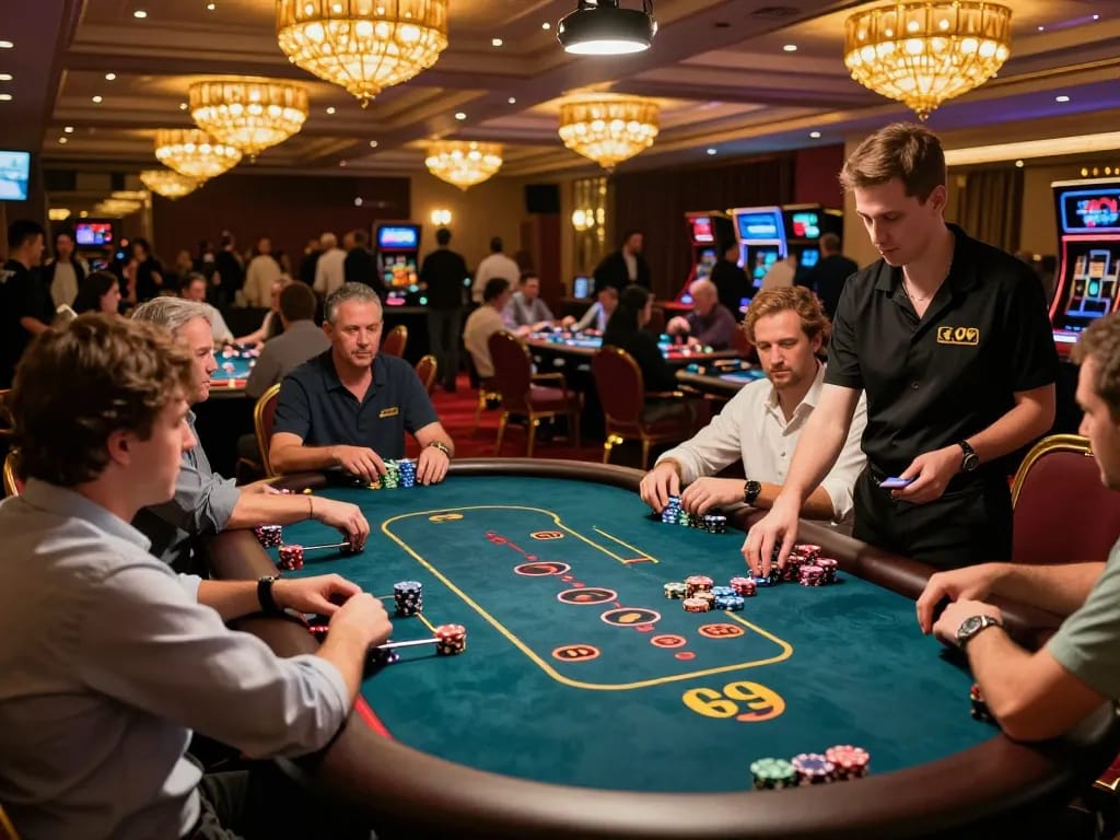 Players engaging in an exciting poker game at Go99's luxurious casino floor.