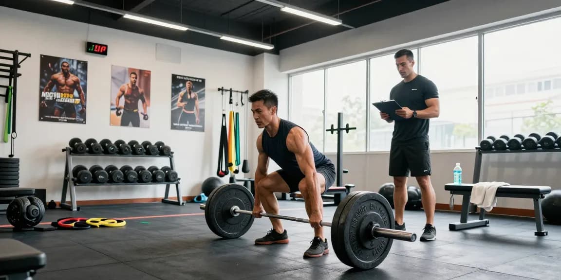 Kraftsportler hebt Gewichte bei Steroidshop in einer lebhaften Fitnessumgebung.