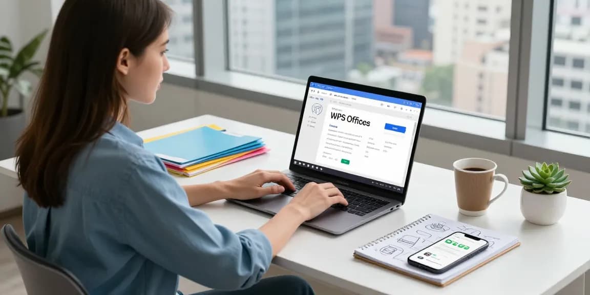 Download WPS Office in a modern workspace, featuring a woman engaged with her laptop among office supplies and a city view.