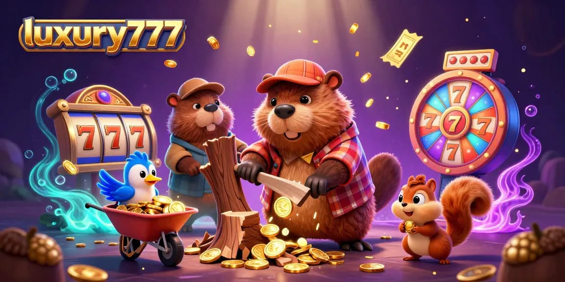 Experience luxury777 with a cartoon beaver winning gold coins and vibrant casino elements in this exciting 3D illustration.
