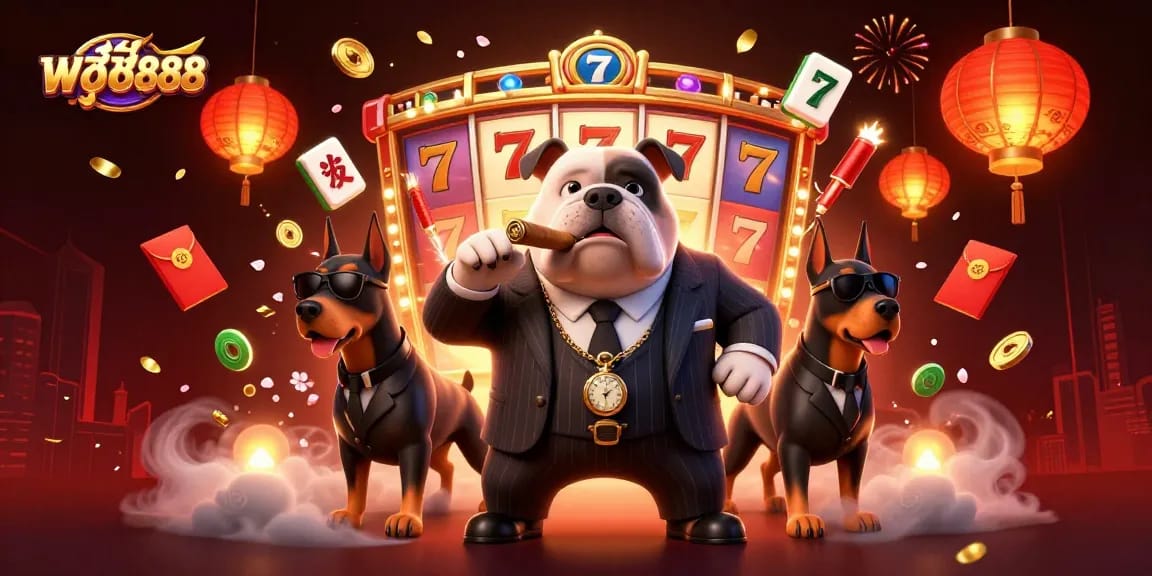 Pulsating energy of พุซซี่888 showcases a mafia bulldog boss and Doberman bodyguards amidst exciting slot reels.