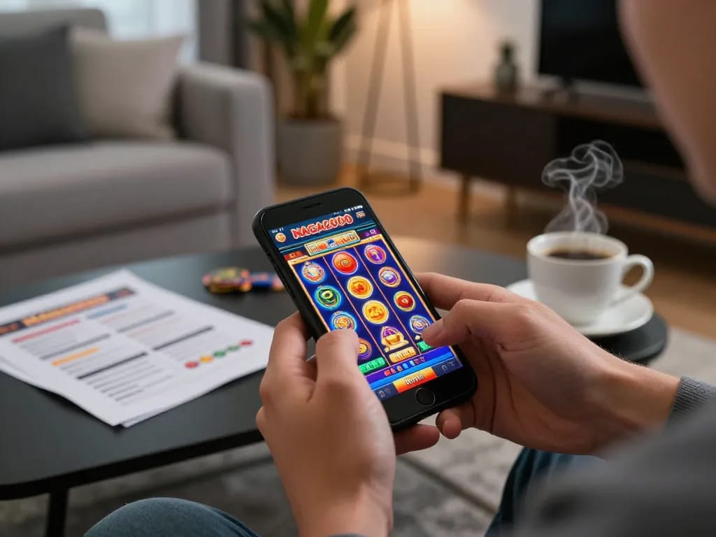 NAGA2000 player engages with exciting slot game on smartphone during cozy home gaming session