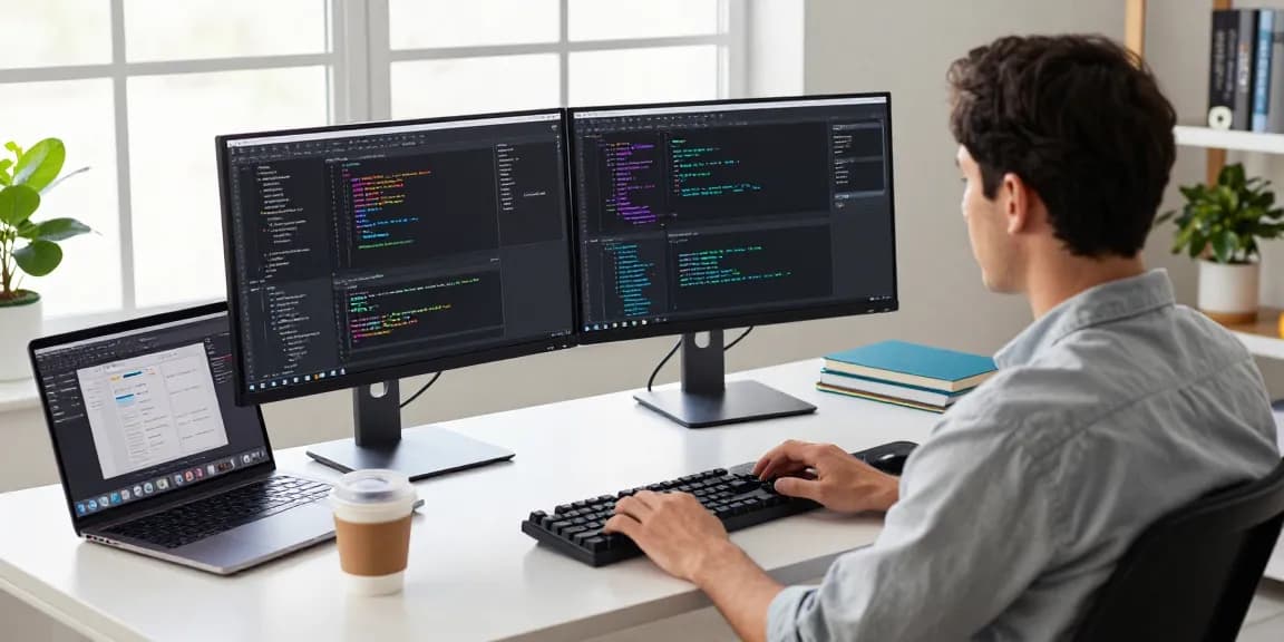 快连 software developer at modern workspace coding and designing applications with dual monitors and natural light.