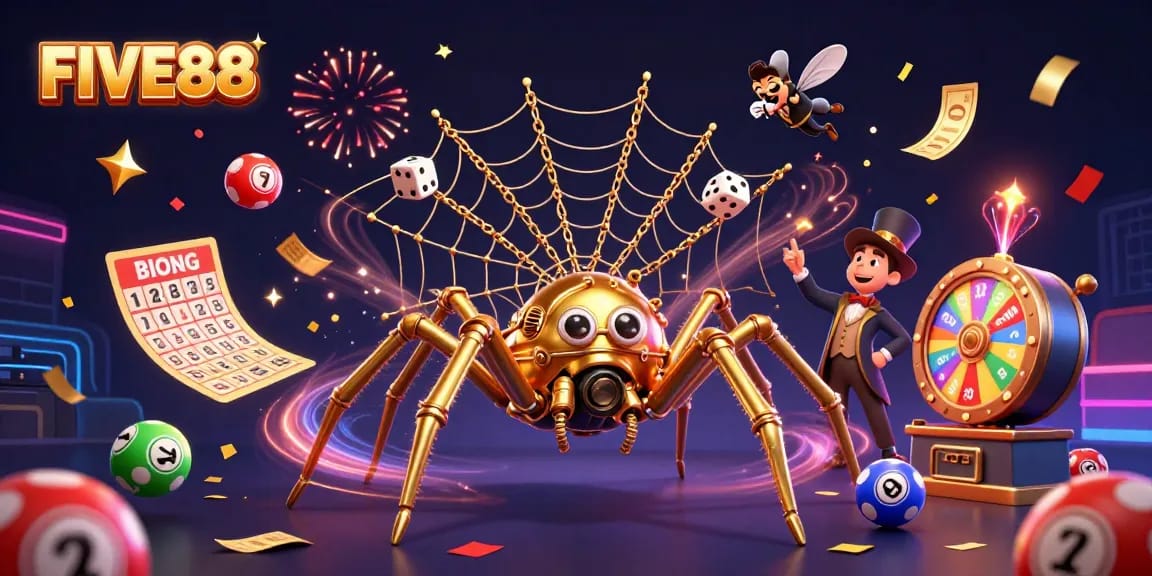 FIVE88 captures the excitement of gaming with a vibrant 3D casino scene full of animated elements.