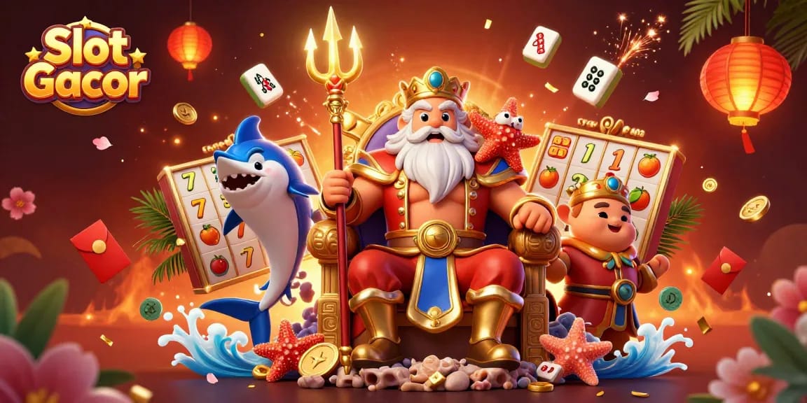 Experience Slot Gacor action with a vibrant 3D illustration of Neptune and slot game symbols.