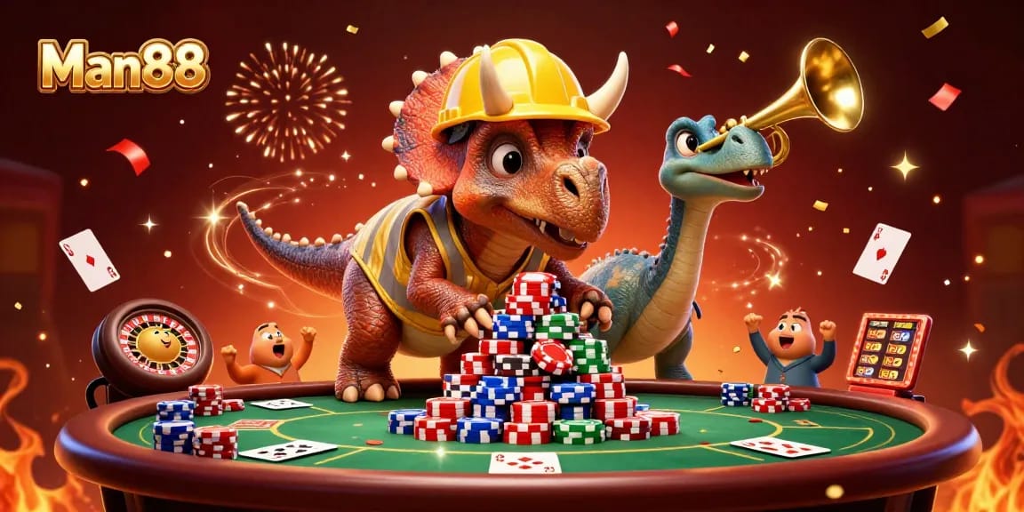 Man88 showcases a lively casino scene with poker champions and festive celebrations.