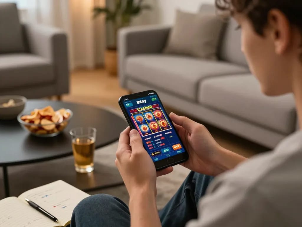 Player enjoying 8day casino app on smartphone, emphasizing online gaming excitement and responsible gambling.