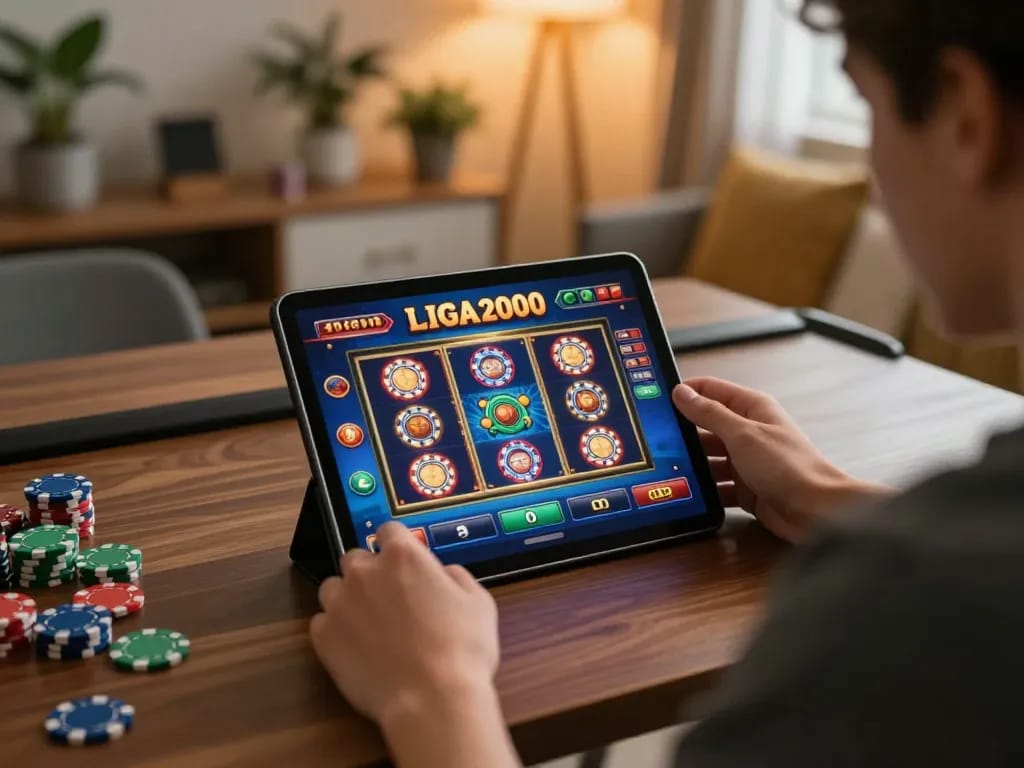 LIGA2000 online casino gameplay with player engaged on tablet in cozy home setting