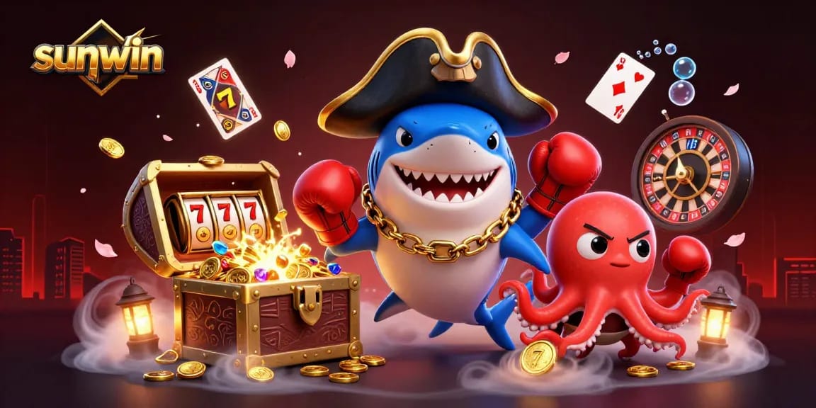 Experience an engaging scene with sunwin’s cartoon pirate shark and friends winning in casino games.