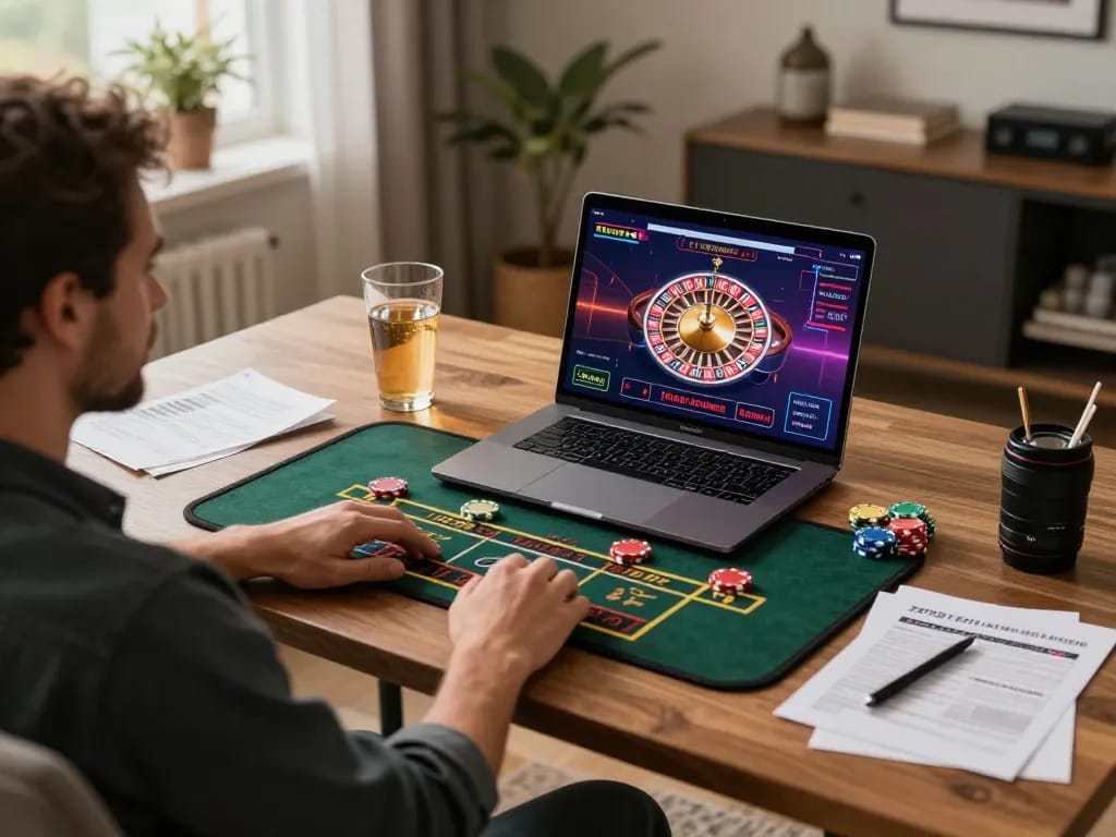 Engaged player enjoying xx88 live dealer game in a cozy home office setting.