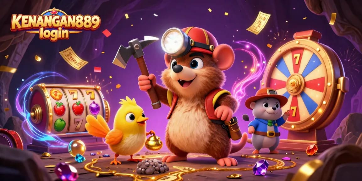 Engage with KENANGAN889 login to unveil vibrant slot games amid a treasure-filled scene.