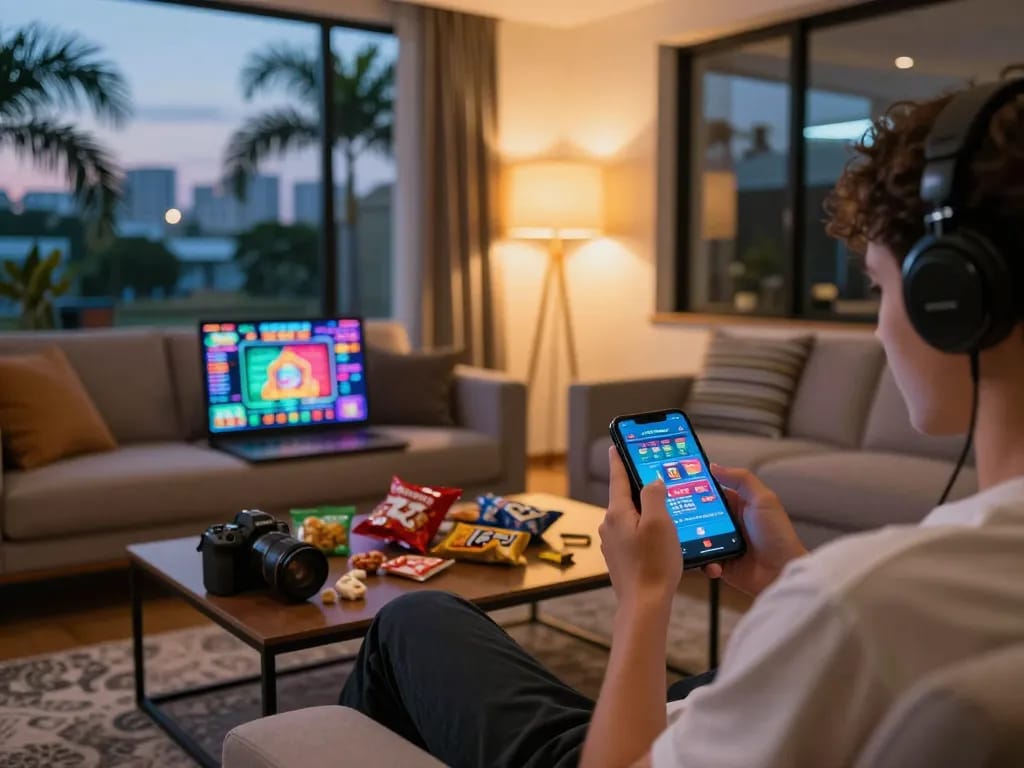 Engaging in online gambling through the 918Kaya app in Papua New Guinea with a smartphone, cozy home setting