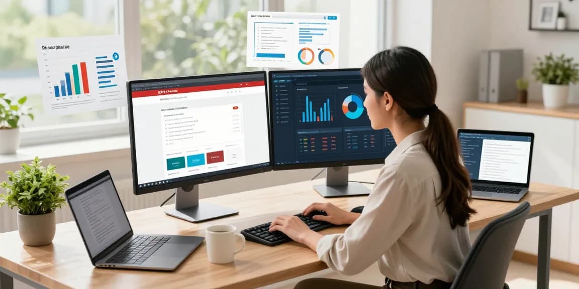 Professional workspace showcasing WPS Official Website on monitors, highlighting tech-savvy productivity.