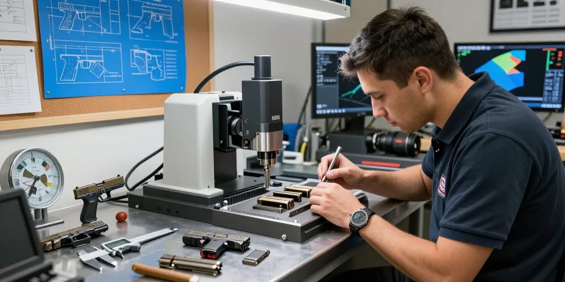 Artisan crafting custom Glock slides at https://precisionglockslides.com in a high-tech gunsmithing workshop.