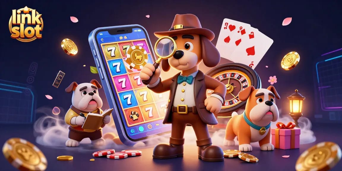 Menangkan jackpot dengan fitur menarik di link slot dengan ilustrasi detektif dan teman anjing.