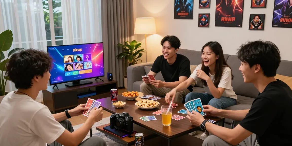 Friends enjoying card games on the rikvip platform in a cozy living room.