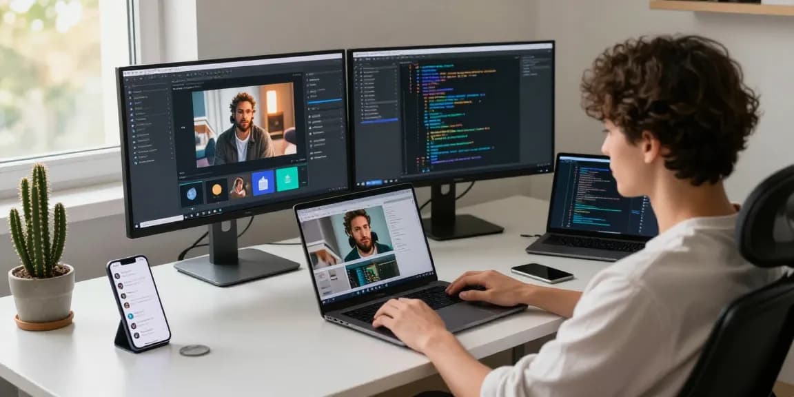 Using a free AI image detector to analyze photo authenticity in a modern tech workspace.