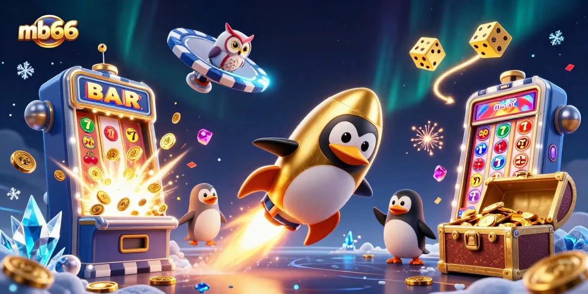 Experience thrilling games and bonuses at mb66, featuring a colorful slot scene with a dynamic penguin and rich casino elements.