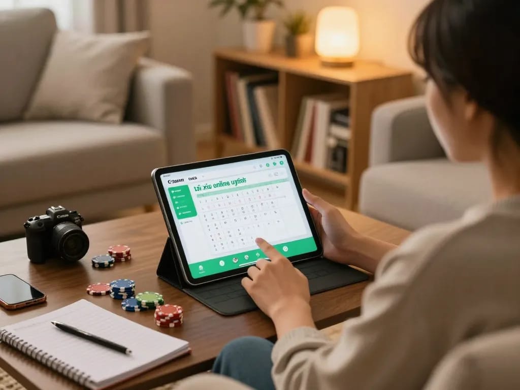 Engaging with app tài xỉu online uy tín while seated in a cozy home setting for responsible gaming.