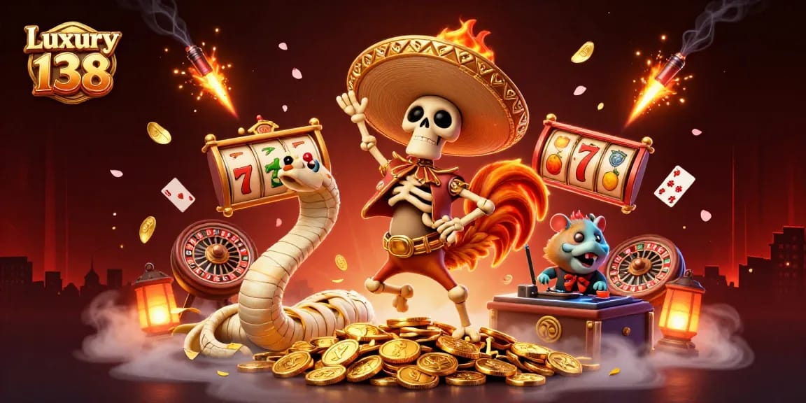 Experience excitement at Luxury 138 with a victory dance of characters amidst vibrant casino elements.