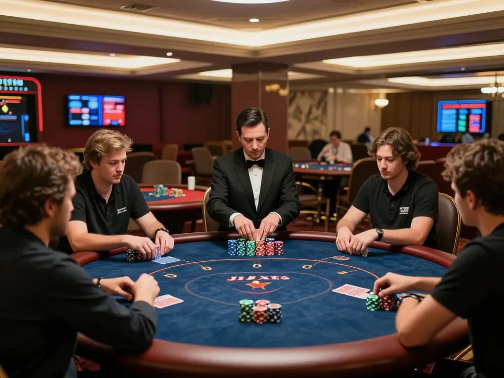 Erlebnis Immobilienmakler Frankfurt Eckenheim mit engagierten Spielern an einem strategischen Pokertisch.