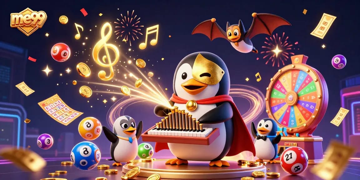 Play dynamic lottery games at me99 with colorful balls and thrilling prizes in a festive casino illustration.
