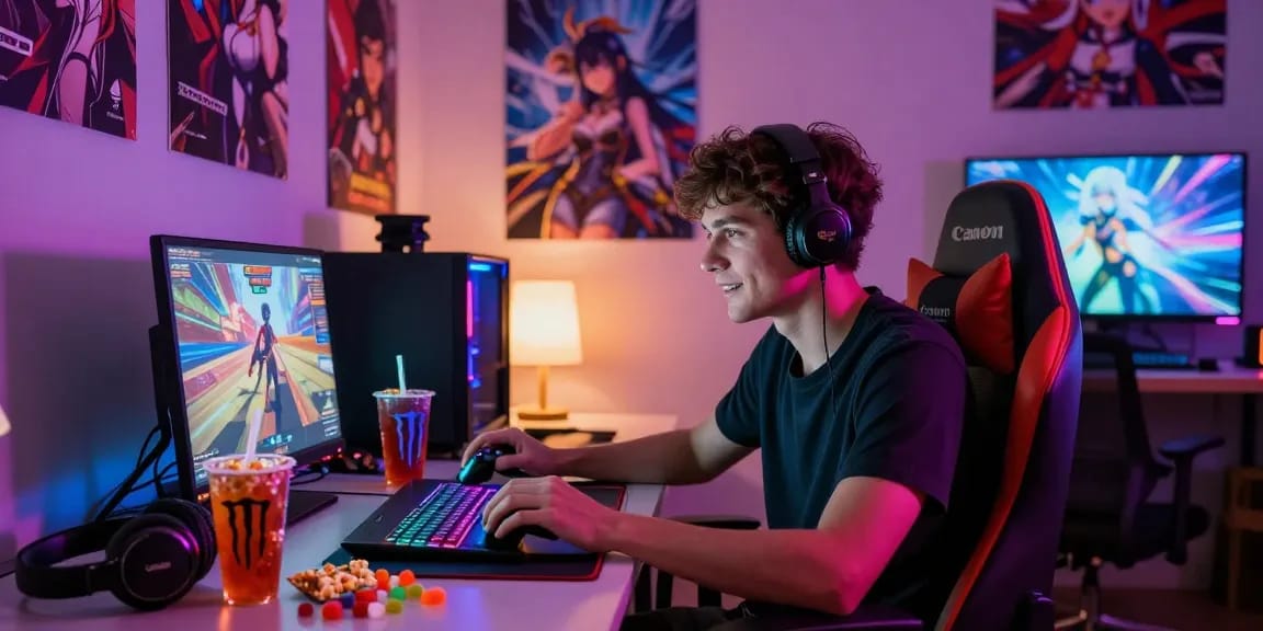 Excited gamer playing hentai games on a laptop in a cozy bedroom, vibrant RGB lighting, anime décor.
