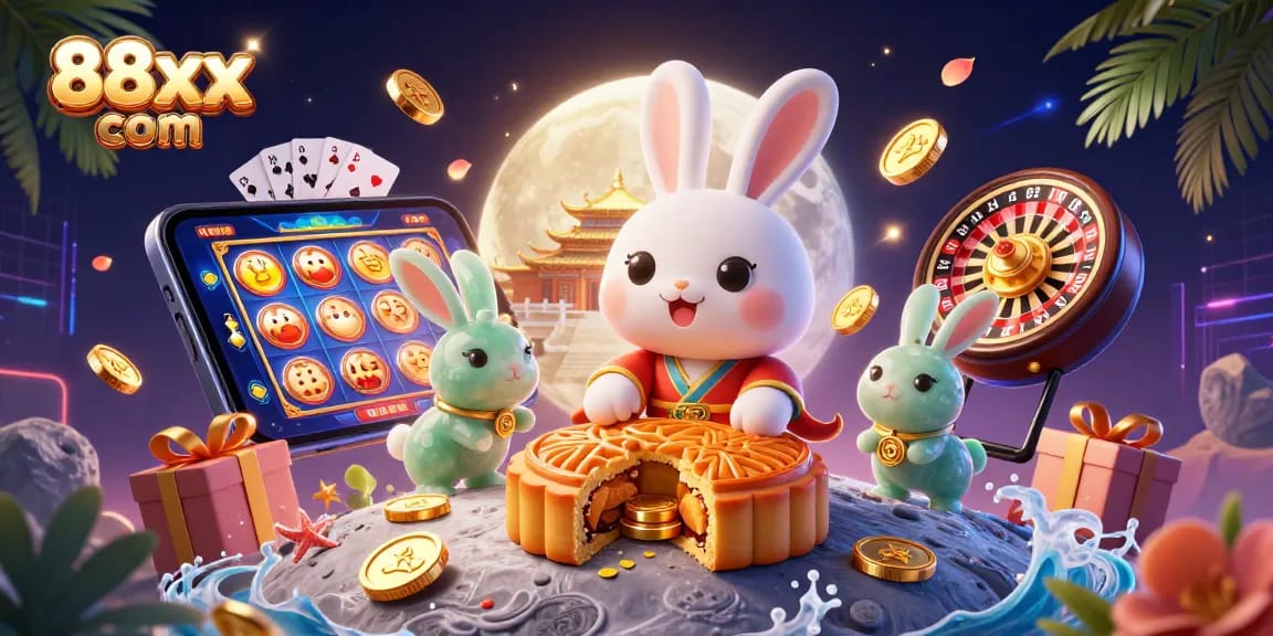 Win big with 88xx com as the moon rabbit reveals hidden poker chips and fun casino games in this vibrant illustration.