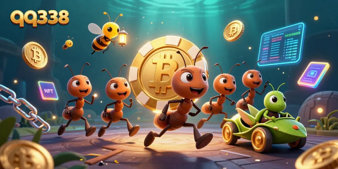 Engage with QQ338’s thrilling heist scene featuring 3D cartoon ants, poker chips, and crypto coins.