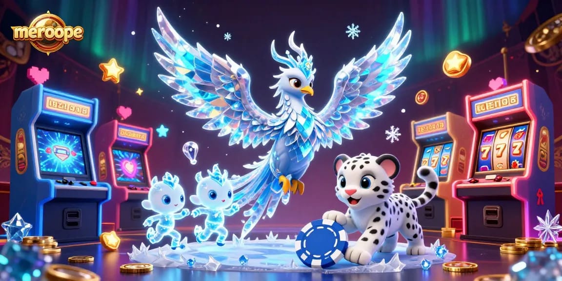 Spin the reels with meroope in a vibrant, dynamic casino scene featuring an ice phoenix, snow leopard, and arcade elements.