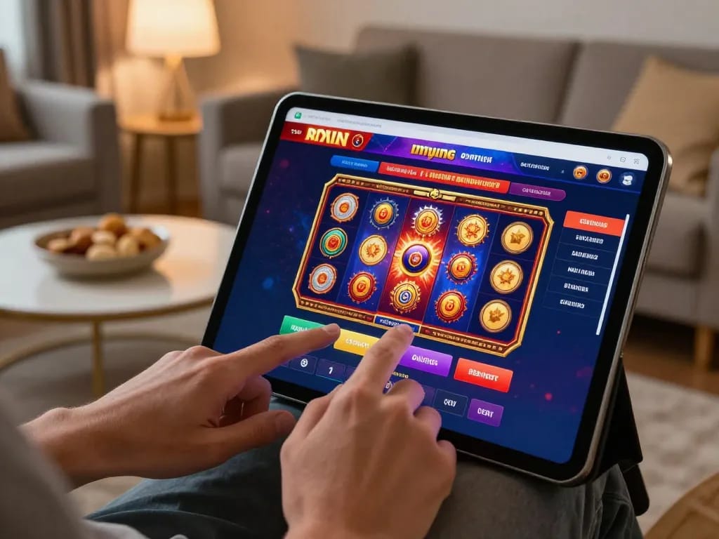 Người dùng KO66 tham gia trò chơi slot casino trực tuyến trên máy tính bảng, làm nổi bật lối chơi tương tác.