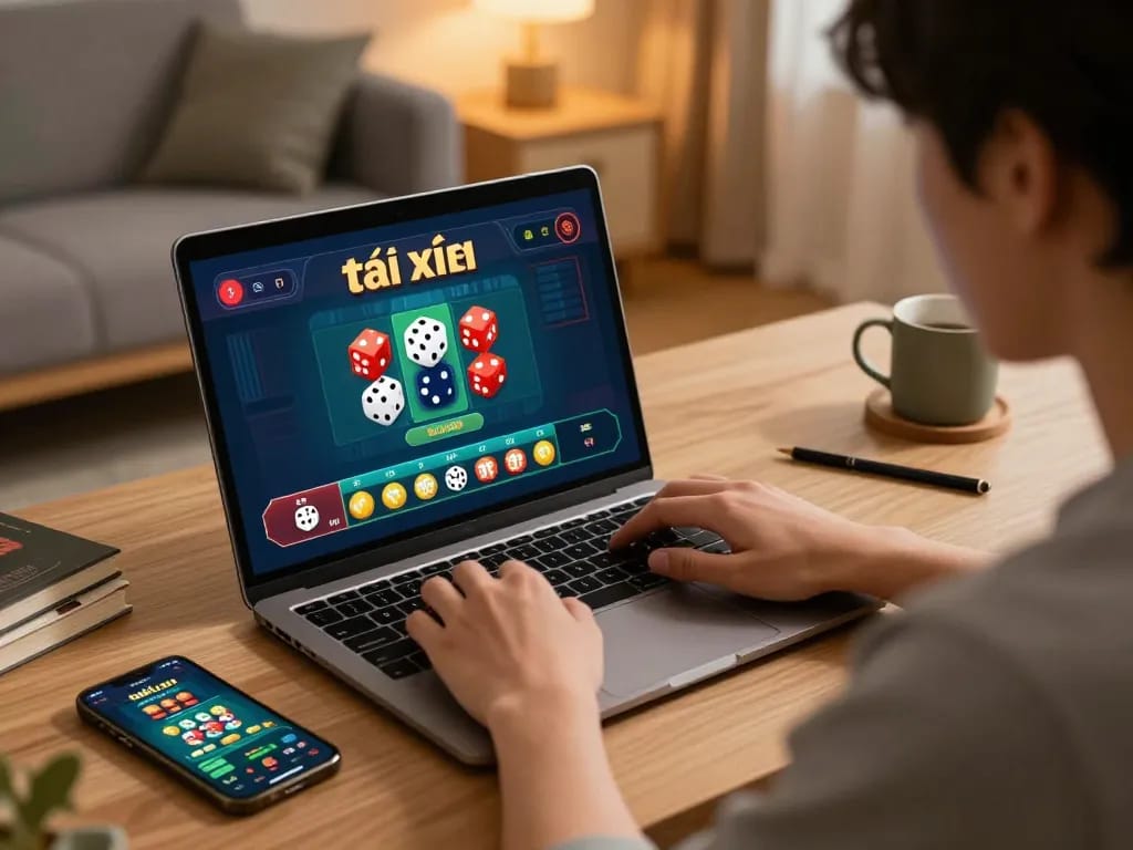 Engaging in tài xỉu online with dice gameplay on a laptop in a cozy home setting