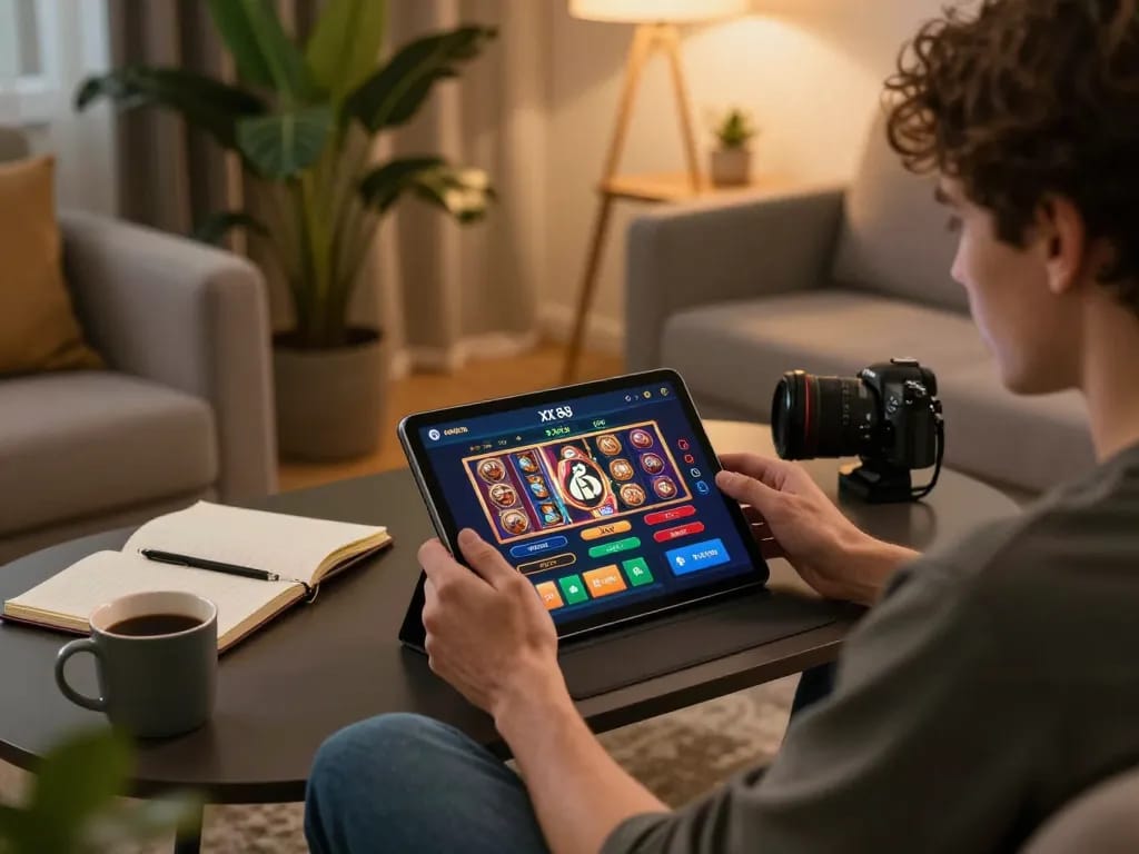 Player engaging with the XX 88 casino app on a tablet in a cozy living room