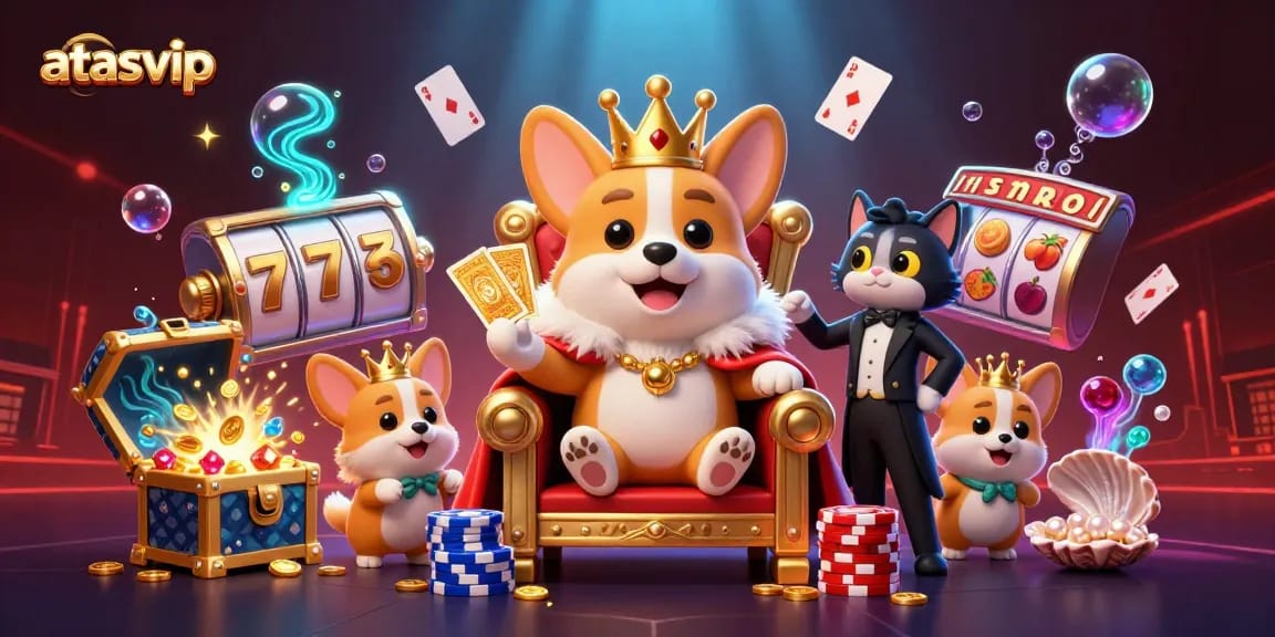 Experience the exciting slots at atasvip featuring vibrant royal corgi with poker chips, golden cards, and bubbles.