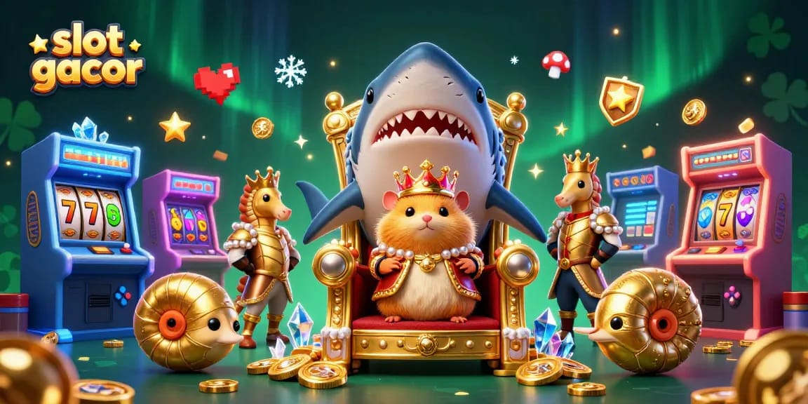 Experience slot gacor action with a fierce golden hamster king and colorful slot machine elements in an immersive scene.