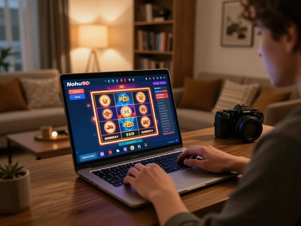 Nohu90 player enjoying vibrant slot games on a cozy home gaming setup.