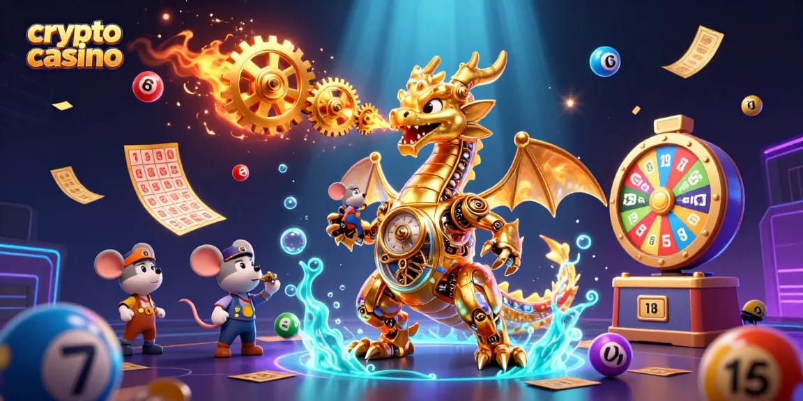 Profitez d'une expérience immersive dans un crypto casino avec un dragon doré et des éléments de jeu dynamiques.