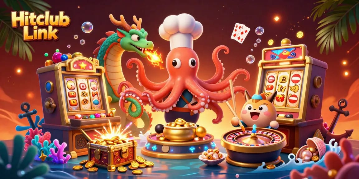 Experience the thrilling Hitclub Link with animated octopus chef and dragon in a vibrant casino scene.
