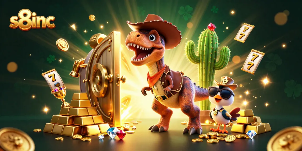 s8inc showcases an exciting gambling scene featuring a cowboy dinosaur, cactus, and roadrunner amidst treasure and slot elements.