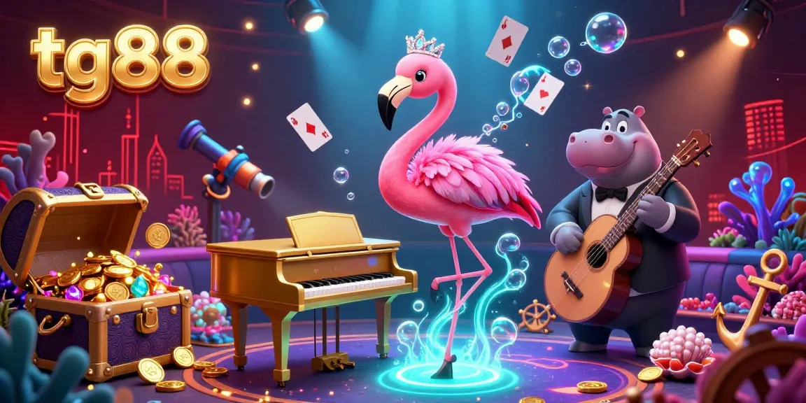 Experience excitement with tg88 in this vibrant 3D casino scene showcasing a flamingo singer, hippo bassist, and treasure-filled underwater elements.