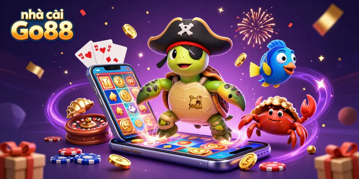nhà cái Go88 showcases dynamic 3D illustration with a turtle, crab, and parrotfish above casino treasures