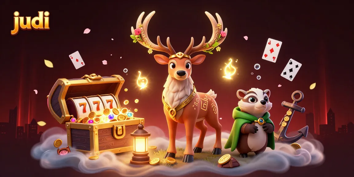 Spin the reels with judi symbols in this vibrant casino scene filled with glowing runes and lively characters.